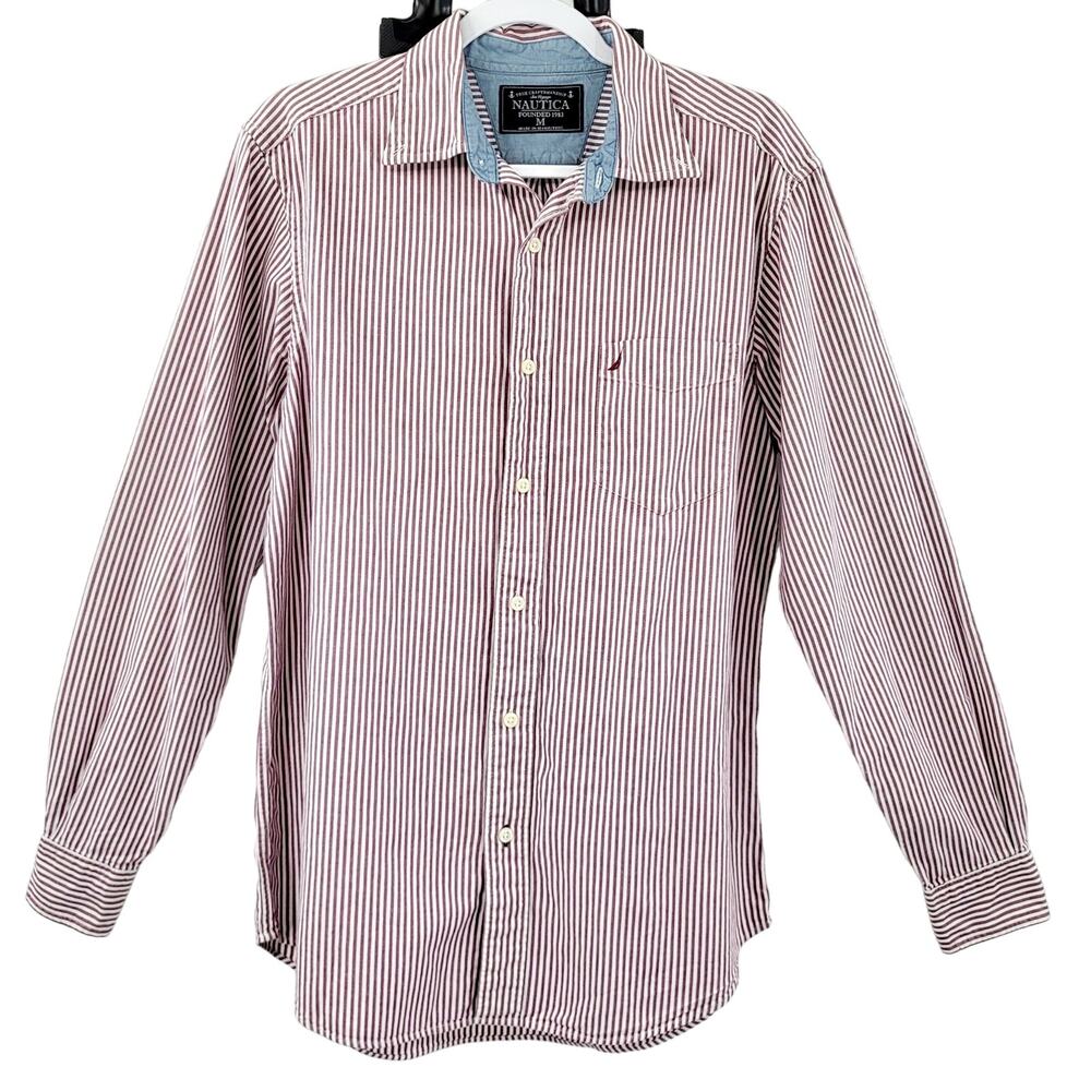 Nautica Sea Voyage Red & White Vertical Striped Long-sleeve Button-Up Shirt Sz M